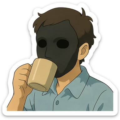ghibli style man's face with a black full mask drinking coffee sticker