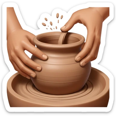 Hands making pottery, one hand inside clay vessel, one hand outside, pinching and lifting clay on a spinning pottery wheel sticker