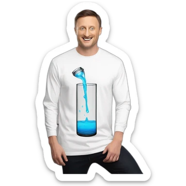 tim robinson dark black slicked back hair white long sleeve t-shirt pouring water from glass onto steak sticker