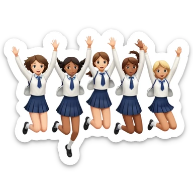 six girls in school uniforms jumping together sticker