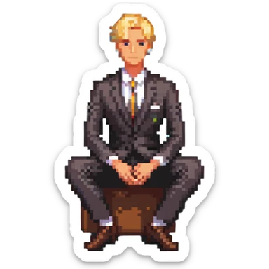 blonde businessman in suit sitting relaxed on vacation, resort background sticker