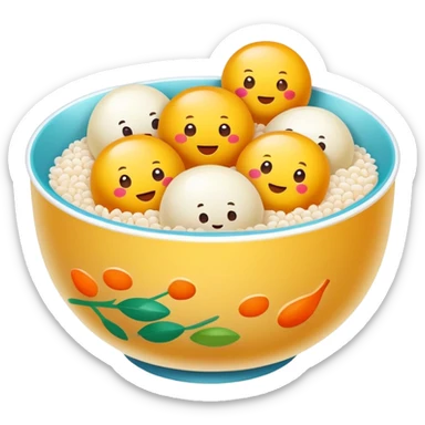 Sweet glutinous rice balls in syrup bowl with sesame, simplified emoji style with bold outlines and bright colors, cartoon style Tangyuan dessert snack sticker