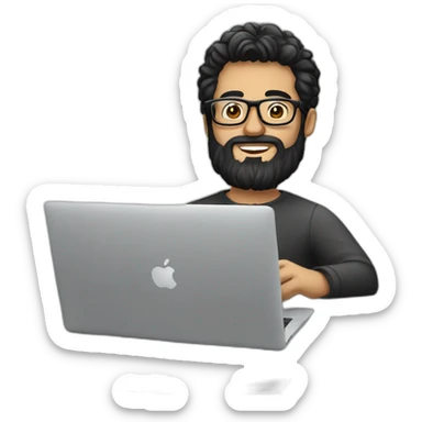 Designer with black hair, beard and glasses working with MacBook and drinking cappuccino  sticker