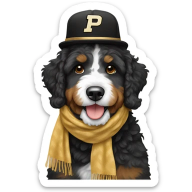 Bernedoodle with purdue hat and scarf sticker