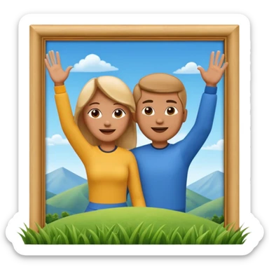 A 3D cartoon couple on top of a hill raising hands in victory, sunny sky and nature background, Memoji-style. inside photo frame. sticker