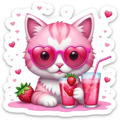 A bubblegum pink kitten with heart-shaped sunglasses, sipping a strawberry soda, surrounded by sparkles and summer vibes. sticker
