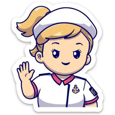 girl with dirty blonde ponytail, cruise captain uniform, waving at the camera sticker