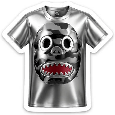 Isolate the camo face t-shirt from the group and transform it into a 3D chrome metallic style, keeping all preset colors and details, highly reflective and shiny, no background. sticker