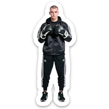 white man with dark hair, dark eyes, buzzcut faded haircut, 100kg boxer, wearing full black clothes, black adidas boxing gloves sticker
