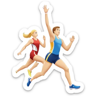 An icon featuring a collage of track and field equipment: a javelin, shot put, discus, high jump bar, and running shoes. The background shows a lively stadium with cheering fans, bright lights, and a clear sky, symbolizing the diversity of athletics. Transparent background emphasizes the sport. sticker