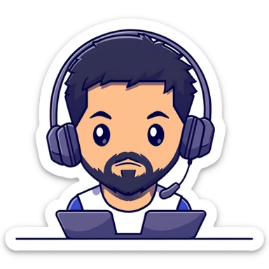 Detailed anime-style character with textured black hair, intense brown eyes, well-groomed black beard, and gaming headset with mic, dramatic anime lighting, detailed face sticker