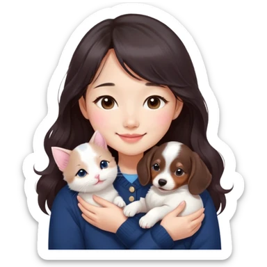 Cute asain girl with a cute smile, long dark brown wavy hair, straight bangs covering forehead, pink blushy cheeks. Wearing a cute navy blue cardigan,. Cuddling a white kitten and dashund puppy  sticker