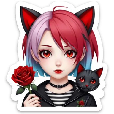 Bloody black rose anime gothic emo  beautiful gorgeous cool edgy cute lady with cat ears, gradient black-and-red-striped hair, tomboy style sticker