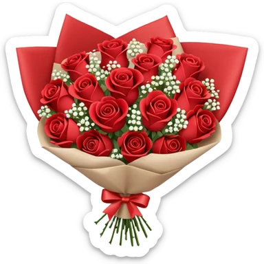 A paper-wrapped bouquet of fresh roses and baby’s breath sticker