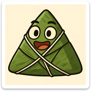 Create a cartoon style emoji of a zongzi, triangular shape, wrapped in green bamboo leaves and tied with white string, closely matching the reference image. sticker