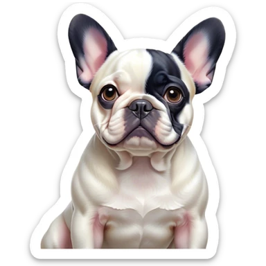 Cinematic Noble Pied French Bulldog Portrait Emoji, Radiating regal yet playful charm, with a distinctive pied fur of contrasting hues and a sculpted, expressive face featuring gentle, wise eyes and a confident stance, simplified yet artistically detailed, glowing with a soft, sophisticated radiance, high shine, exuding intelligent nobility and refined flair, soft glowing outline, capturing the essence of a noble Pied French Bulldog that embodies both strength and grace! sticker