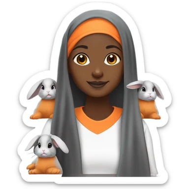 Black Muslim girl and her 3 cute orange, gray, and mix colored holland lop bunnies sticker
