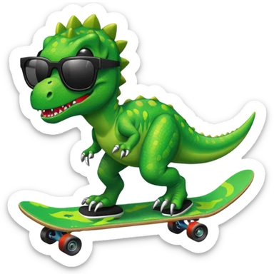 Green dinosaur on a skateboard with a chain and pixel sunglasses sticker