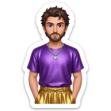 Dionysus from Greek Mythology with purple eyes, dark brown hair, purple metallic shirt, gold metallic baggy pants, silver necklace sticker