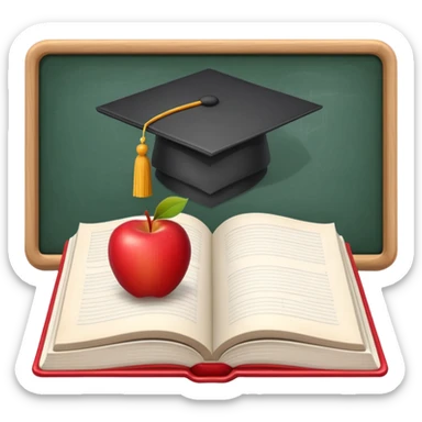 An icon featuring an open book, a chalkboard with lesson plans, and a pencil, symbolizing education and pedagogy. The design includes an apple and a graduation cap, representing teaching and learning. Transparent background highlights the growth and development in education. sticker