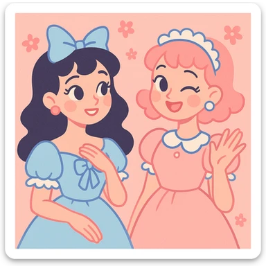 coquette style, frilly details, pastel blue and pink, sweet and charming, vintage-inspired sticker