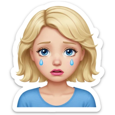 Girl Blonde short wavy hair,  blue eyes, cute blue top, long lashes, pink lips,crying with tears running down the face  sticker