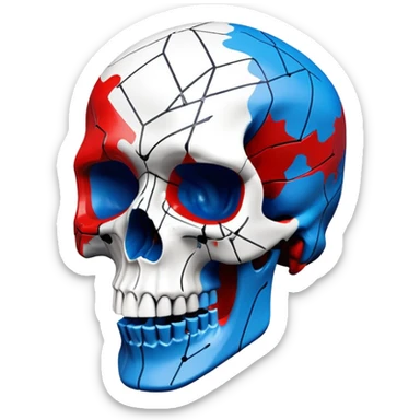 premium black skull with geometric brand patterns, striking electric blue and red paint splashes only within skull contours, perfect detailed fine art quality, three-quarter view sticker