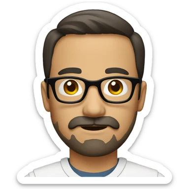 The image displays a man with a beard and mustache, wearing glasses. The man has short dark hair and is facing the camera. sticker