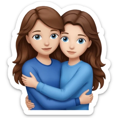 A girl with brown straight hair and blue eyes is hugging a girl with brown wavy hair with blue eyes  sticker