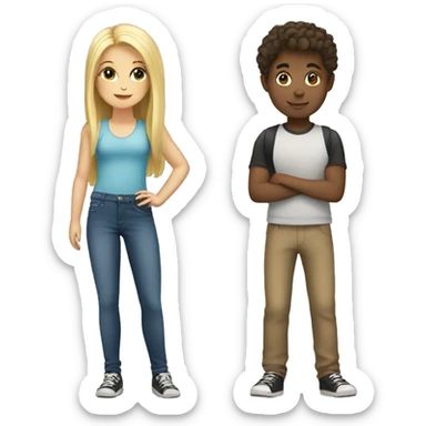blonde girl and brunette girl with a boy sticker