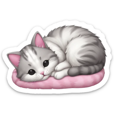 grey and white small cat with eyes closed lying down upside down with its head resting on its curled paw sticker