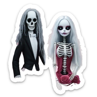 PINK LANDSCAPE PICTURE WITH FRAME: full body, hyper realism, full height skeleton, tim burton "corpse bride", thin porcelain doll with a cracked face, goth makeup watery eyes, long hair, lace and ruffles, lolita style, inked, black and white, red roses sticker