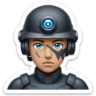 A dystopian soldier with a shattered black visor, revealing one cybernetic blue eye sticker