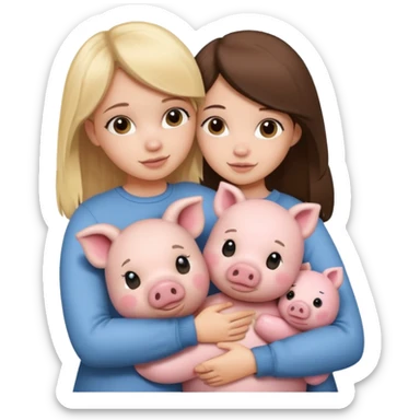 Girlfriends, blonde and brunette, hugging a teddy bear and a little pig sticker