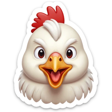 Cinematic Comical White Chicken Portrait Emoji, Head tilted dramatically with an exaggeratedly shocked or amused expression, featuring a sleek, immaculate white plumage with a prominent red comb, wide, expressive beady eyes filled with playful disbelief, Simplified yet hilariously expressive features, highly detailed, glowing with a slightly sassy glow, high shine, dramatic yet playful, stylized with an air of cheeky mischief, bright and endearing, soft glowing outline, capturing the essence of a spirited and over-the-top chicken, so meme-worthy it feels like it could cluck its way into internet fame instantly! sticker