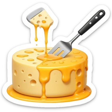 a half vertical wheel of cheese being scraped with a metal spatula, melted cheese flowing, modern emoji style, clean, transparent background sticker