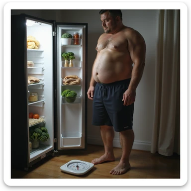 hyperrealistic 4K image of a man in gym clothes looking at his bloated stomach in the mirror, scale reading '75kg' on the floor, open fridge with chicken, rice, broccoli visible sticker