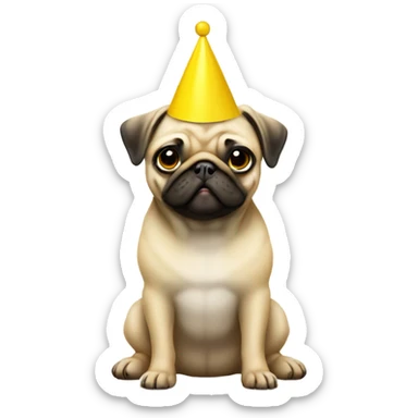 Cute beige pug with a yellow party hat sticker