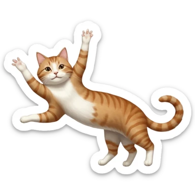 brown tabby and white cat with doing a big extremely long stretch reaching up into the air with arms and legs side by side together straight and overextended whilst lying on its side sticker