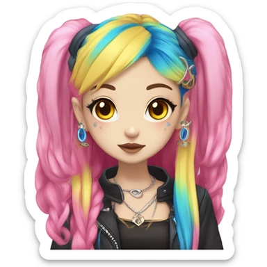 Blue eyed long eye lashes pout blonde and pink hair pale hime gyaru girl, hot pink and yellow split-dyed hair, nose ring, elf ears, dark makeup, punk clothes sticker