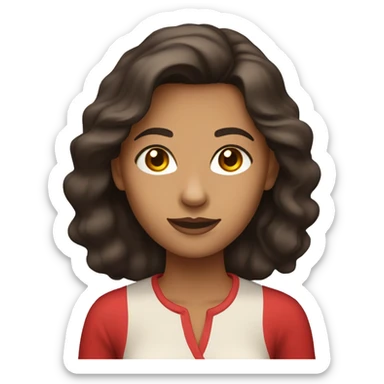 Lady with tan skin dark brown hair with a red shirt sticker