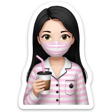 chica de pelo lacio color negro cabellera larga piyama blanca con rayas rosa claras peo no tan claras no oscuras el bordado es negro al igual que los botones )tiene una mascarilla para la carablanca y sostiene y cafe con bolitas nedras al dondo con unsorbete tranparente y es de test blanca  sticker