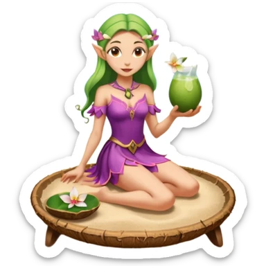 female elf in orchid-petal dress, balancing coconut drink tray. Barefoot on sand sticker