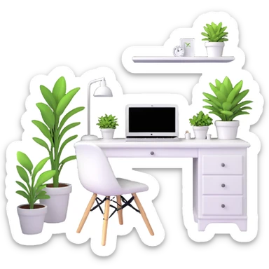 bright clean teenage room with white furniture, white vanity, white desk, white bed, and potted plants sticker