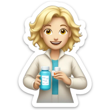 Happy blonde Mom holding pill bottle sticker
