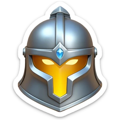 Clash of Clans aesthetic: Cinematic Playful 3D Isometric steel helm Emoji, rendered in a 3D vector-style similar to standard emojis with minimal shading and bold, simplified shapes. A compact, distinct form with signature details, softly glowing with a fantasy RPG magic charm. Simplified yet unmistakably iconic, highly detailed and consistent, glowing with a soft radiance and high shine. Stylized with a touch of heroic grandeur and a soft glowing outline, capturing the essence of a beloved gaming relic with a friendly, playful manner! sticker