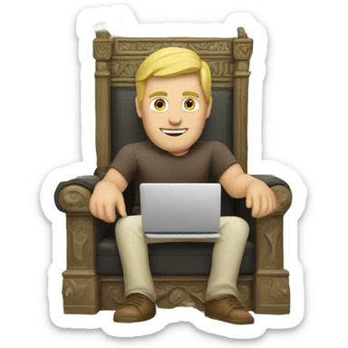 Caucasian Man sitting on a throne of cash with a laptop sticker