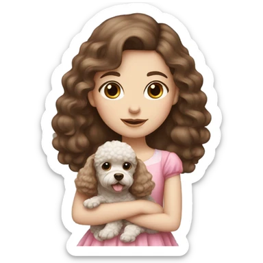 Brown hair blue eyes girl with poodle puppy with pink dress sticker