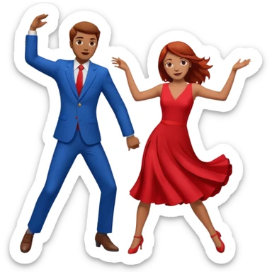 Two people dancing one wearing red and one wearing blue. Brown hair and red hair sticker