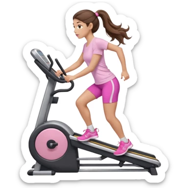 girl with wavy long ponytail brown hair, brown eyes, light to medium complexion, long lashes, light pink lipstick, wearing light pink shirt, on a stairstepper workout machine sticker